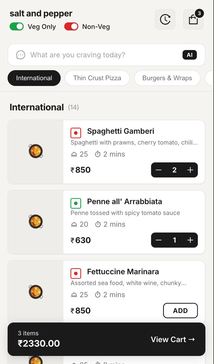 Customer mobile app showing menu and cart