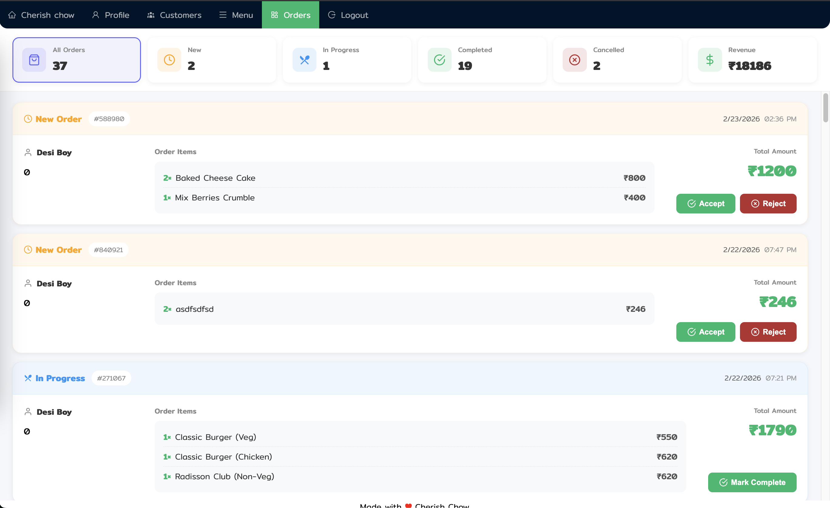 Cherish Chow Orders Dashboard - Real-time order management